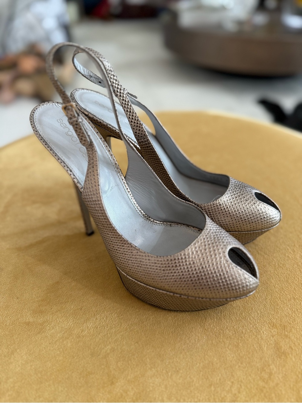 Sergio Rossi Metallic Peep-Toe Slingback High Heels